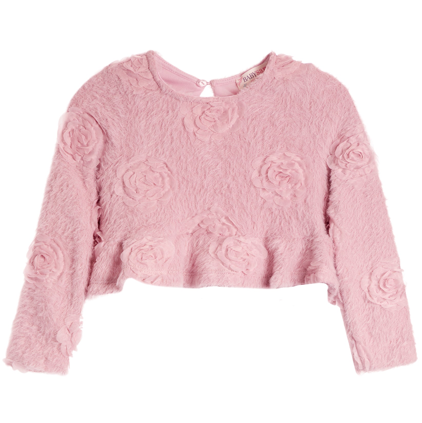 A pink fuzzy cropped sweater with 3D rose appliqués on the front and sleeves, shown flat on a white background.