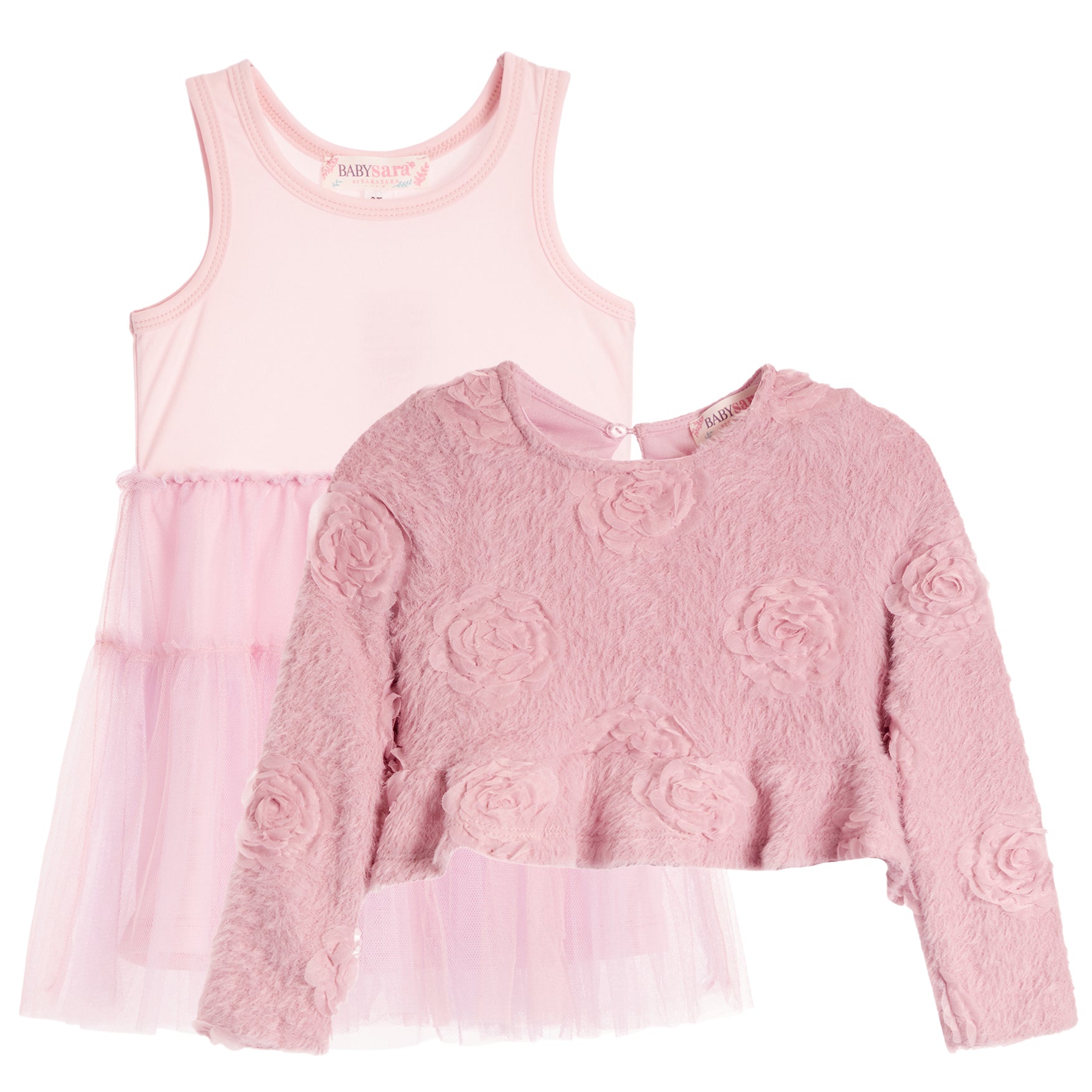 A two-piece girls' outfit set in light pink, featuring a sleeveless tank top with a layered tulle skirt and a fuzzy long-sleeve crop top with 3D rose details and a tulle hem.