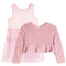 A two-piece girls' outfit set in light pink, featuring a sleeveless tank top with a layered tulle skirt and a fuzzy long-sleeve crop top with 3D rose details and a tulle hem.
