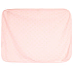A light pink rectangular fabric cover with rounded corners, featuring a repeating pattern of small gold monogram letters, shown against a plain white background.
