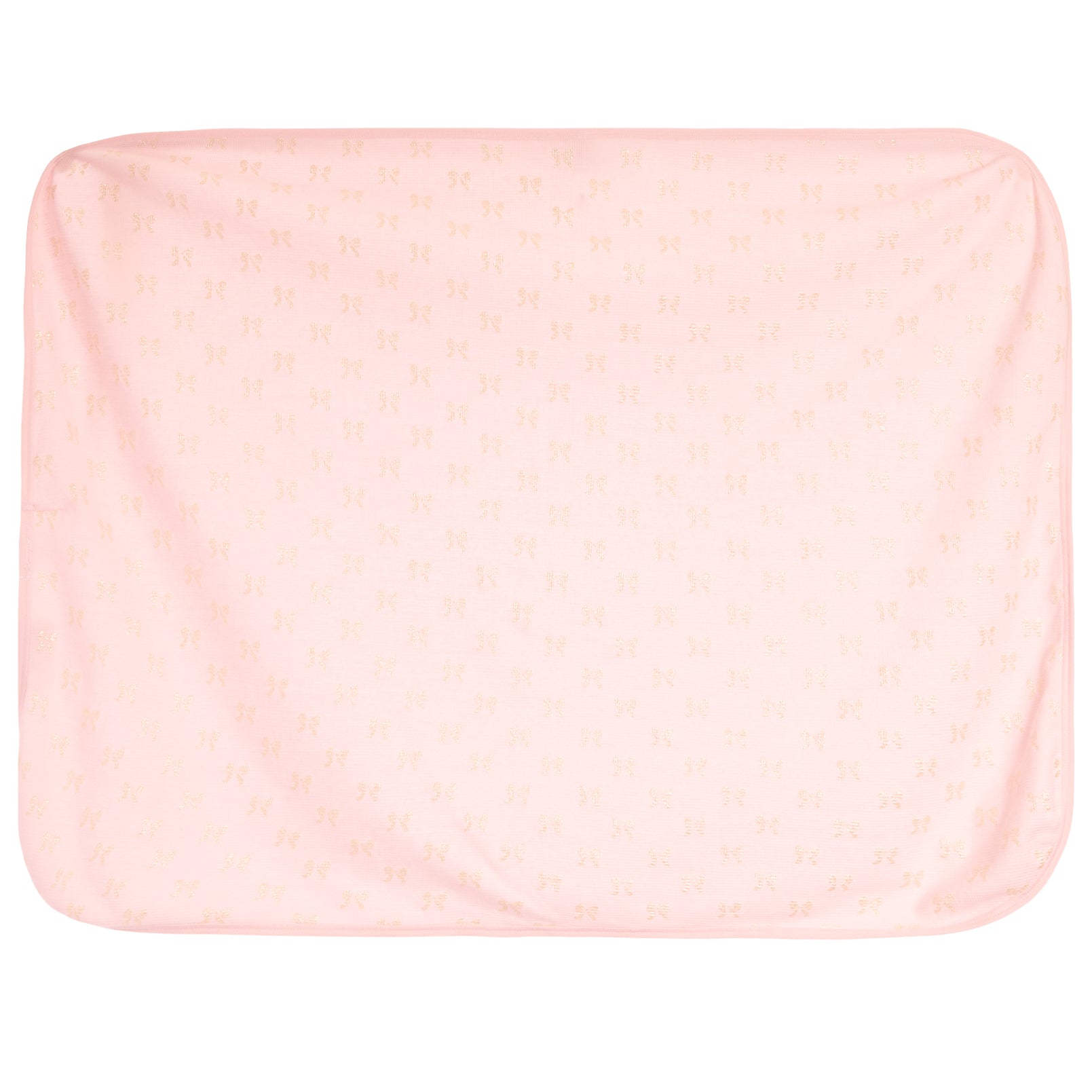 A light pink rectangular fabric cover with rounded corners, featuring a repeating pattern of small gold monogram letters, shown against a plain white background.