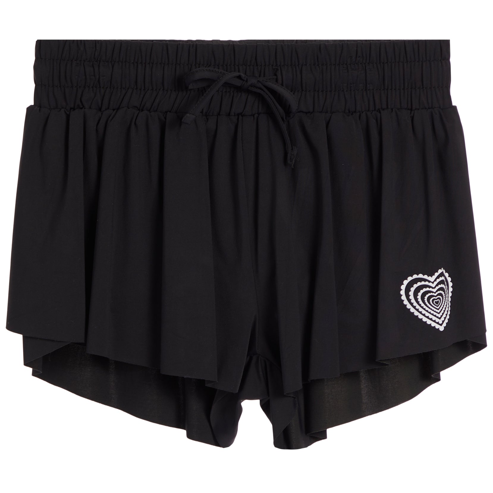Black double-layered ruffled shorts with an elastic drawstring waist and a white heart pattern on the lower left leg, shown against a plain white background.