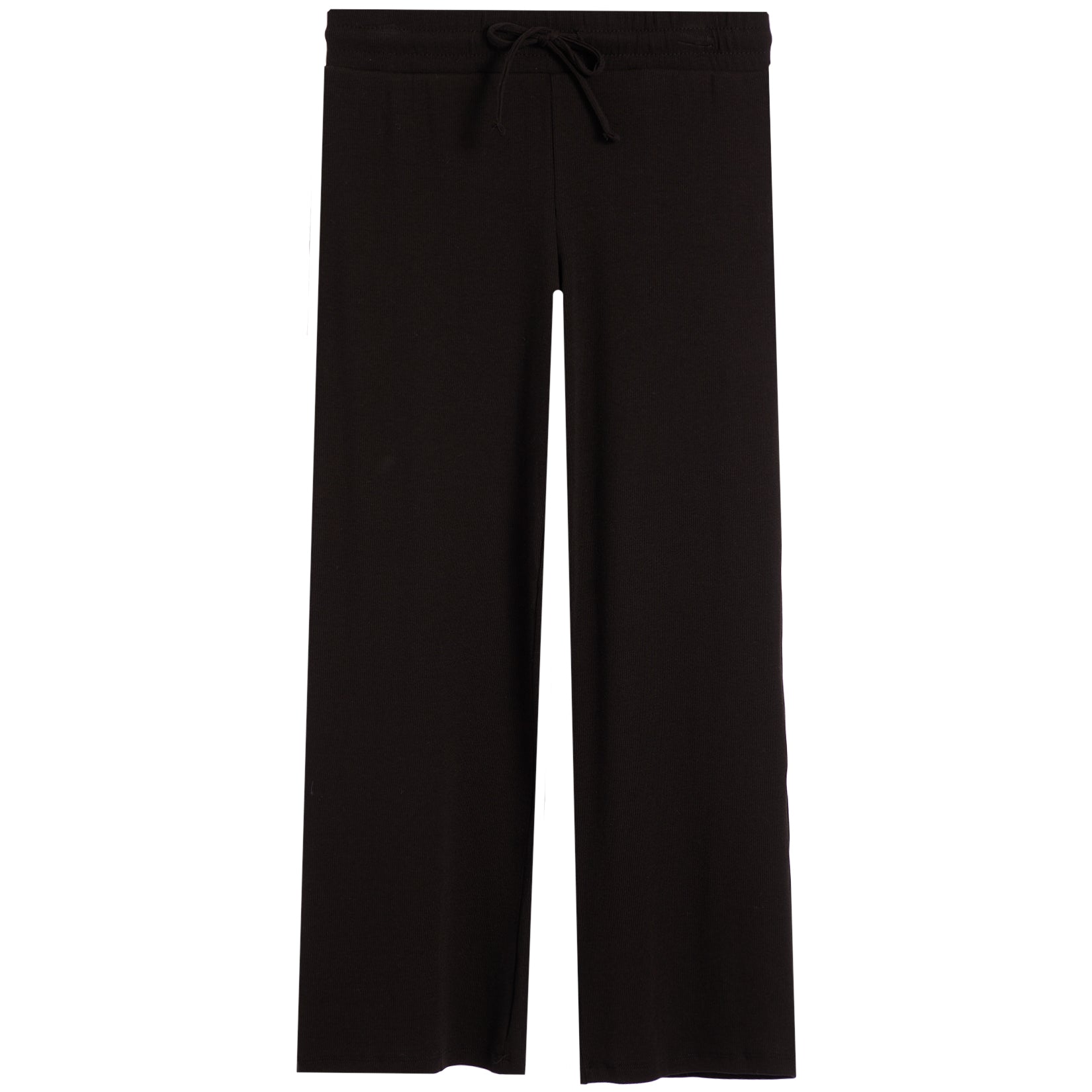 Black wide-leg lounge pants with an elastic waistband and drawstring, shown flat against a white background.