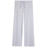 Light lavender wide-leg lounge pants with an elastic waistband and matching drawstring, shown flat on a white background.