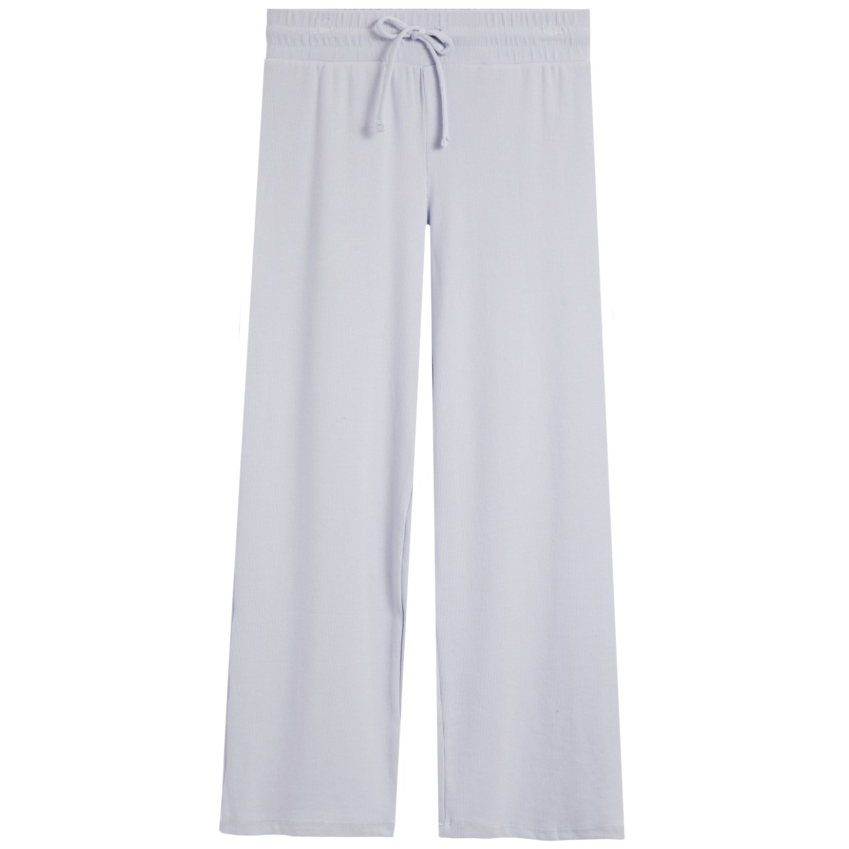 Light lavender wide-leg lounge pants with an elastic waistband and matching drawstring, shown flat on a white background.