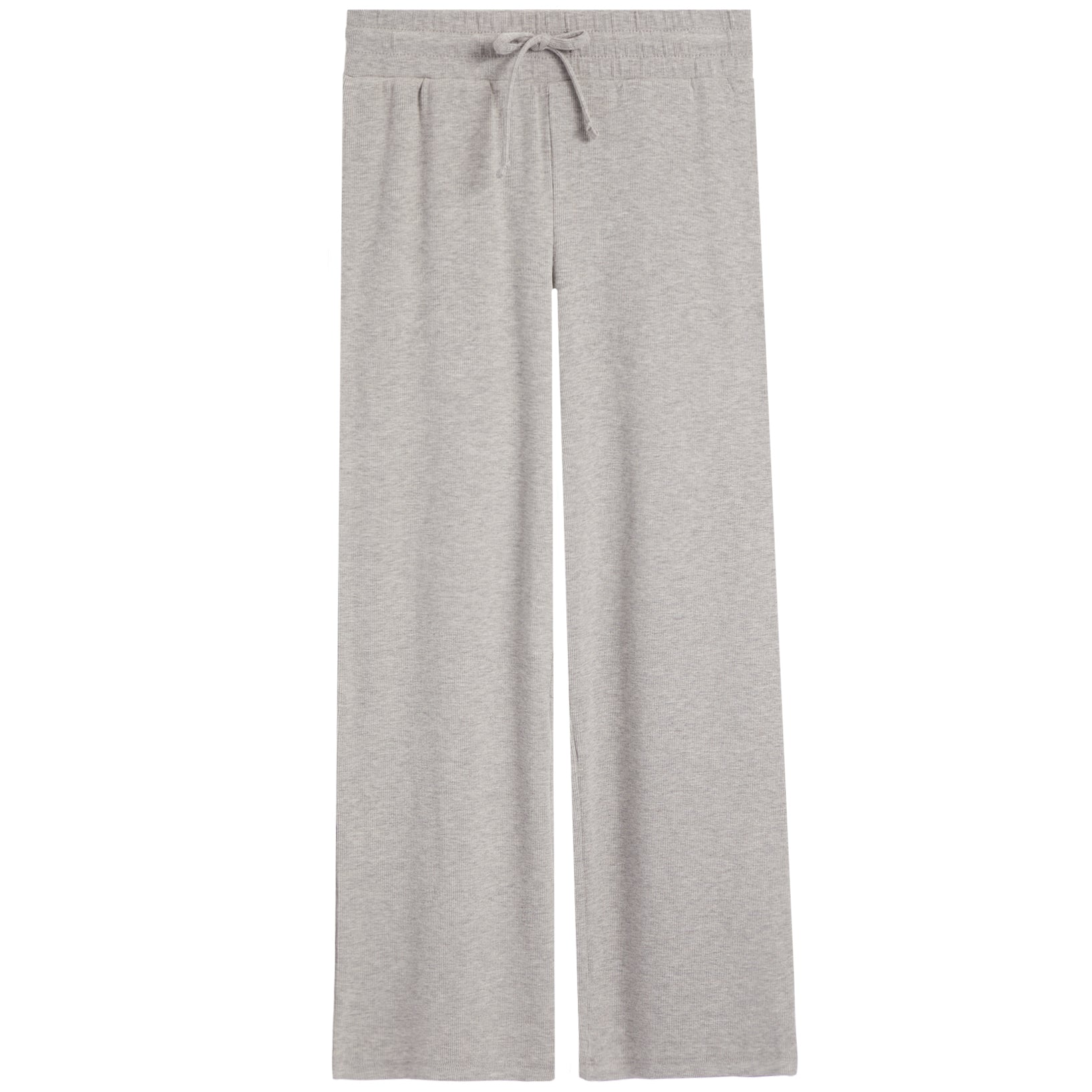 Light heather gray wide-leg lounge pants with an elastic waistband and drawstring, shown flat against a white background.