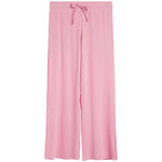 Pink wide-leg lounge pants with an elastic waistband and drawstring, shown flat against a white background.