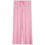 Pink wide-leg lounge pants with an elastic waistband and drawstring, shown flat against a white background.