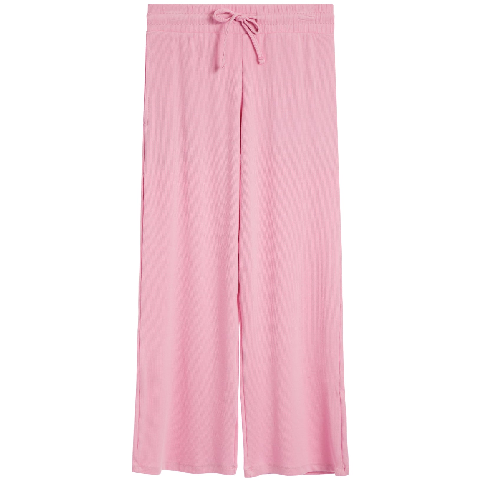 Pink wide-leg lounge pants with an elastic waistband and drawstring, shown flat against a white background.