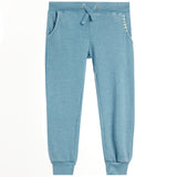 Light blue heathered sweatpants with a drawstring waist, side pockets, and decorative white stitching on the pocket edges, shown against a plain white background.
