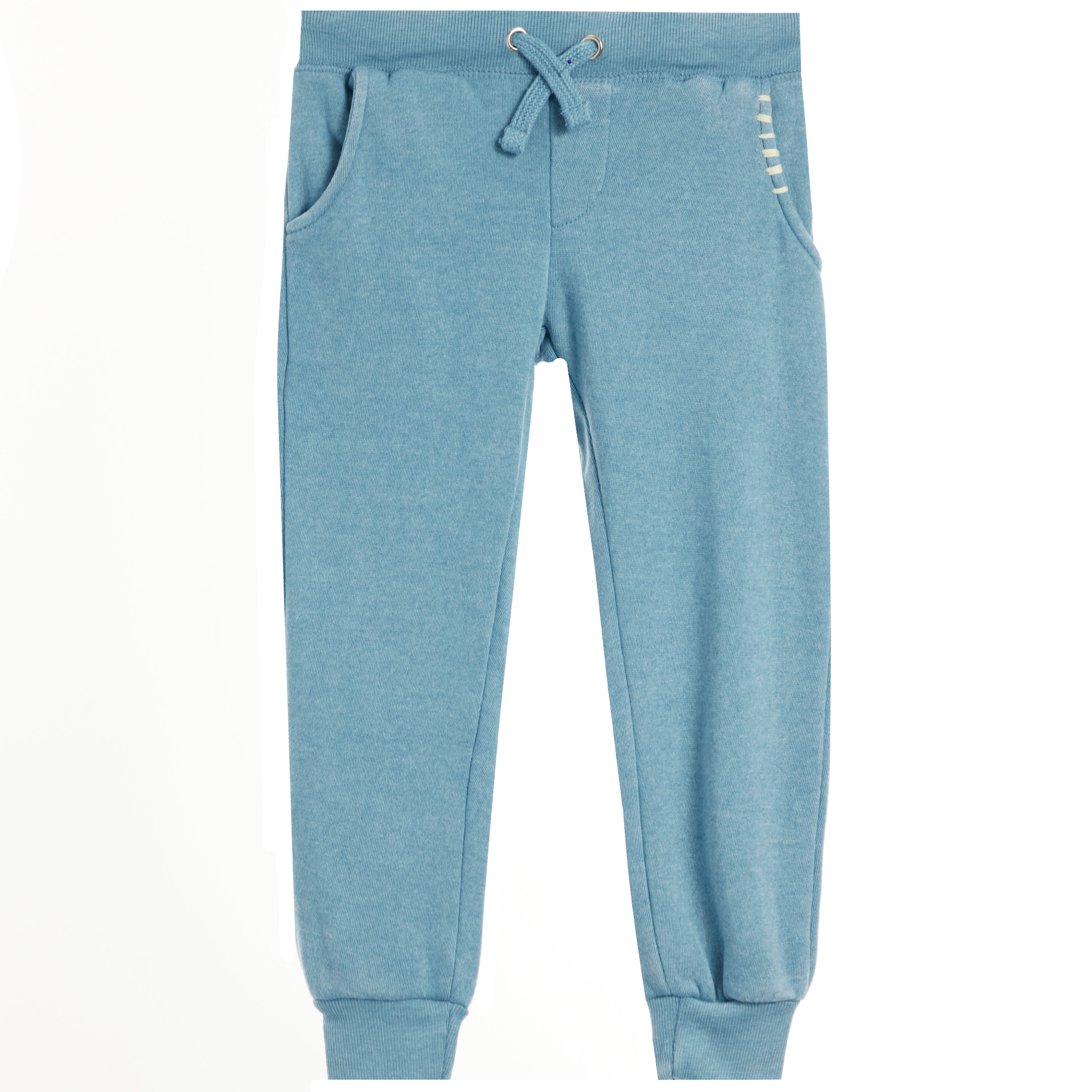 Light blue heathered sweatpants with a drawstring waist, side pockets, and decorative white stitching on the pocket edges, shown against a plain white background.