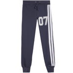 A pair of navy blue sweatpants featuring a white and navy '07' number print on the left thigh and two vertical white stripes on the right leg, shown against a plain white background.