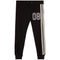 Black sweatpants with a white and gray '08' number print on the left thigh and double side stripes on the right leg, shown against a plain white background.