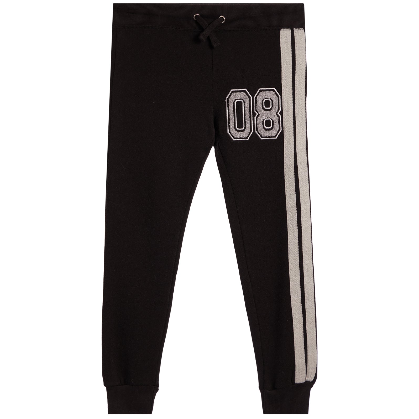 Black sweatpants with a white and gray '08' number print on the left thigh and double side stripes on the right leg, shown against a plain white background.