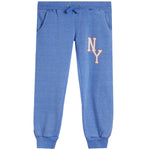 Blue heather jogger sweatpants with a white and red 'NY' graphic on the left thigh, featuring an elastic waistband with a drawstring and ribbed ankle cuffs.