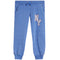 Blue heather jogger sweatpants with a white and red 'NY' graphic on the left thigh, featuring an elastic waistband with a drawstring and ribbed ankle cuffs.