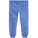 Blue heathered sweatpants shown from the back, featuring a single back pocket and ribbed ankle cuffs, on a solid white background.