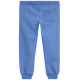 Blue heathered sweatpants shown from the back, featuring a single back pocket and ribbed ankle cuffs, on a solid white background.