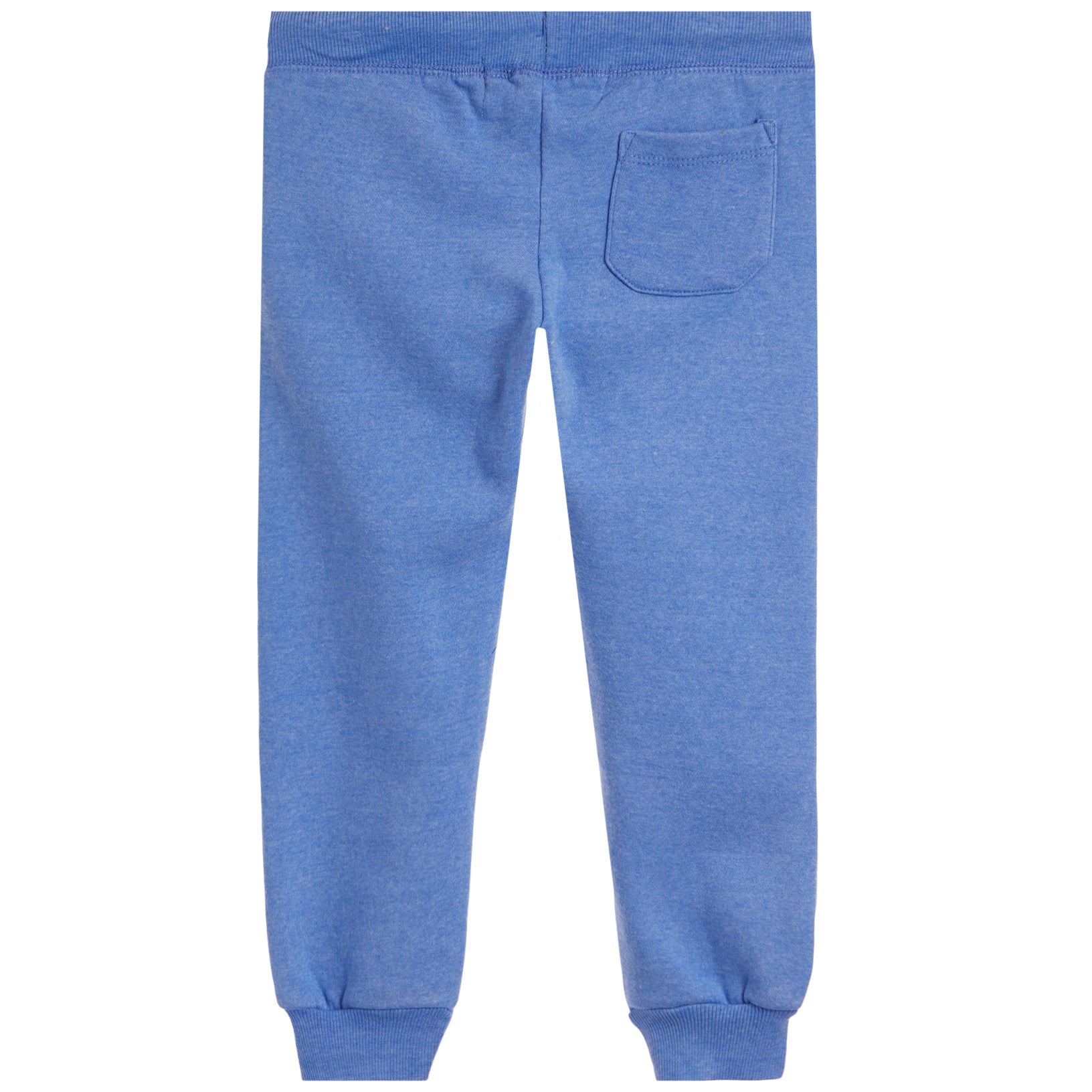 Blue heathered sweatpants shown from the back, featuring a single back pocket and ribbed ankle cuffs, on a solid white background.
