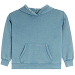 A light blue heathered hooded sweatshirt with a front kangaroo pocket, displayed flat against a solid white background.