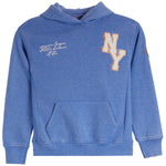 A heather blue pullover hoodie featuring a large orange and white 'NY' logo on the left chest and white script text on the right chest, displayed on a clean white background.