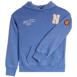 A heather blue pullover hoodie with a white and orange 'N' logo on the left chest, white script text on the right chest, and an orange basketball patch on the right sleeve, shown on a plain white background.