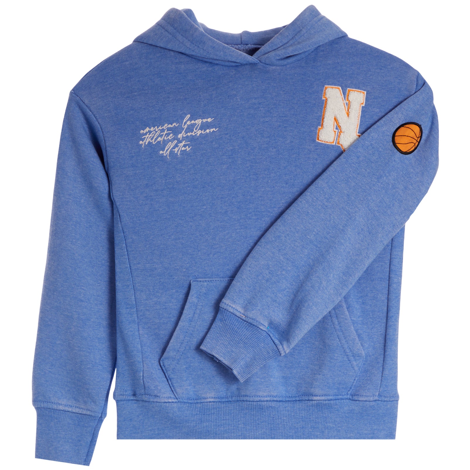 A heather blue pullover hoodie with a white and orange 'N' logo on the left chest, white script text on the right chest, and an orange basketball patch on the right sleeve, shown on a plain white background.