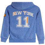 A heather blue hooded sweatshirt shown from the back, featuring 'NEW YORK' in white letters outlined in orange above the number '11' in white with an orange vertical stripe.