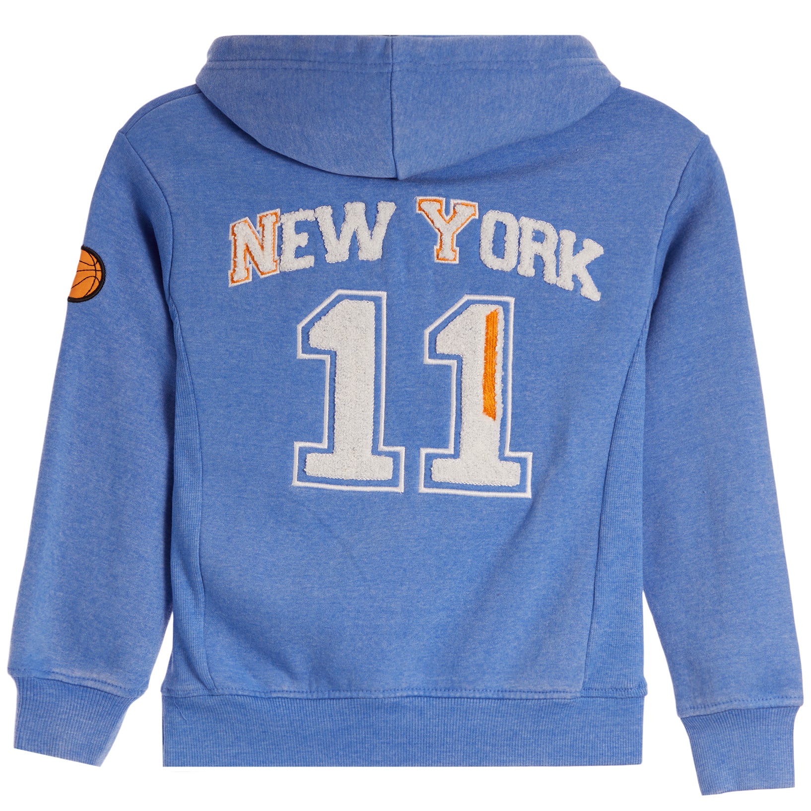 A heather blue hooded sweatshirt shown from the back, featuring 'NEW YORK' in white letters outlined in orange above the number '11' in white with an orange vertical stripe.