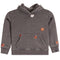 A dark gray heathered hoodie sweatshirt for kids, featuring small embroidered sports ball patches (basketball, football, baseball) on the chest and sleeves, displayed on a clean white background.