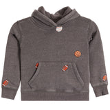 A dark gray heathered hoodie sweatshirt for kids, featuring small embroidered sports ball patches (basketball, football, baseball) on the chest and sleeves, displayed on a clean white background.