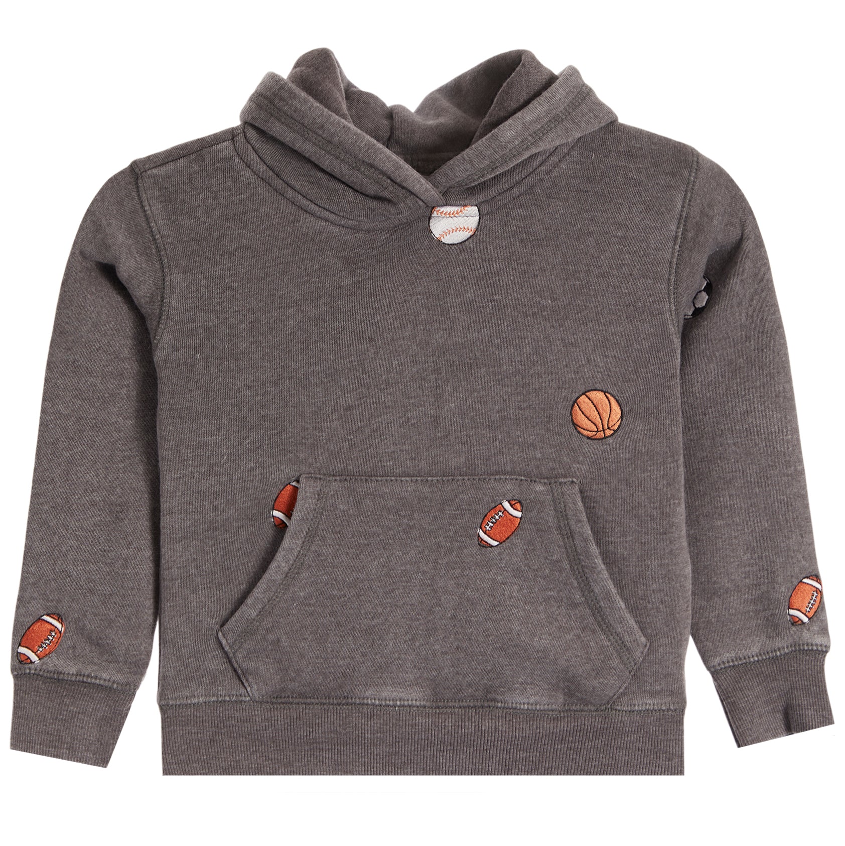 A dark gray heathered hoodie sweatshirt for kids, featuring small embroidered sports ball patches (basketball, football, baseball) on the chest and sleeves, displayed on a clean white background.