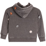 A dark gray heathered hoodie sweatshirt for kids, featuring embroidered sports balls including a basketball, soccer ball, baseball, and tennis ball on the front and hood.
