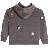 A dark gray heathered hoodie sweatshirt for kids, featuring embroidered sports balls including a basketball, soccer ball, baseball, and tennis ball on the front and hood.