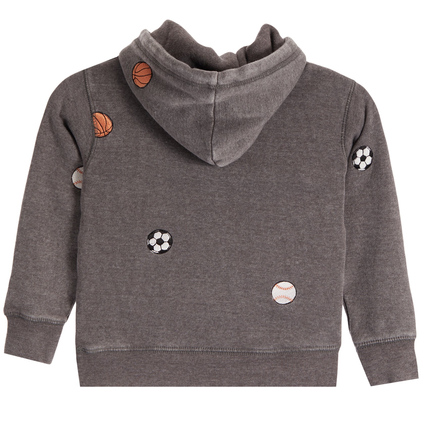 A dark gray heathered hoodie sweatshirt for kids, featuring embroidered sports balls including a basketball, soccer ball, baseball, and tennis ball on the front and hood.