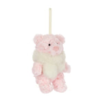 A small plush teddy bear hanging ornament in soft pink and cream faux fur, with a cream hanging loop at the top, shown on a plain white background.