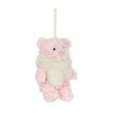 A small plush teddy bear hanging ornament in soft pink and cream faux fur, with a cream hanging loop at the top, shown on a plain white background.