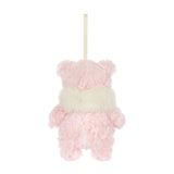 A small pink plush teddy bear ornament with a fluffy cream-colored scarf and a hanging loop at the top, shown against a plain white background.