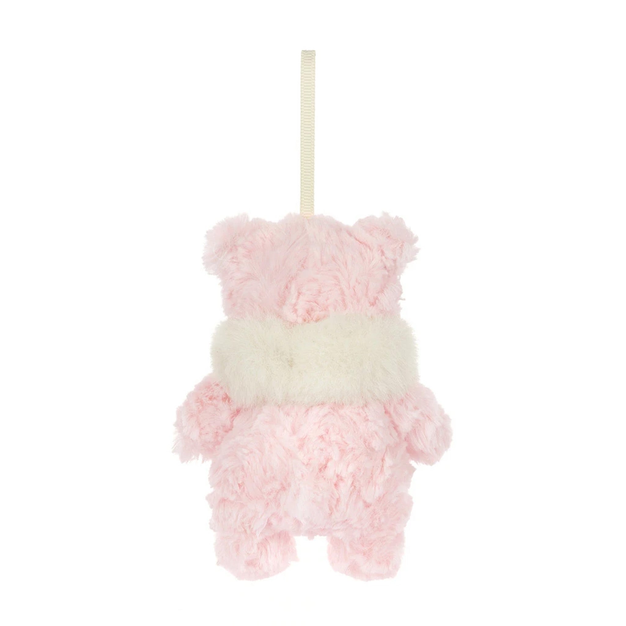 A small pink plush teddy bear ornament with a fluffy cream-colored scarf and a hanging loop at the top, shown against a plain white background.