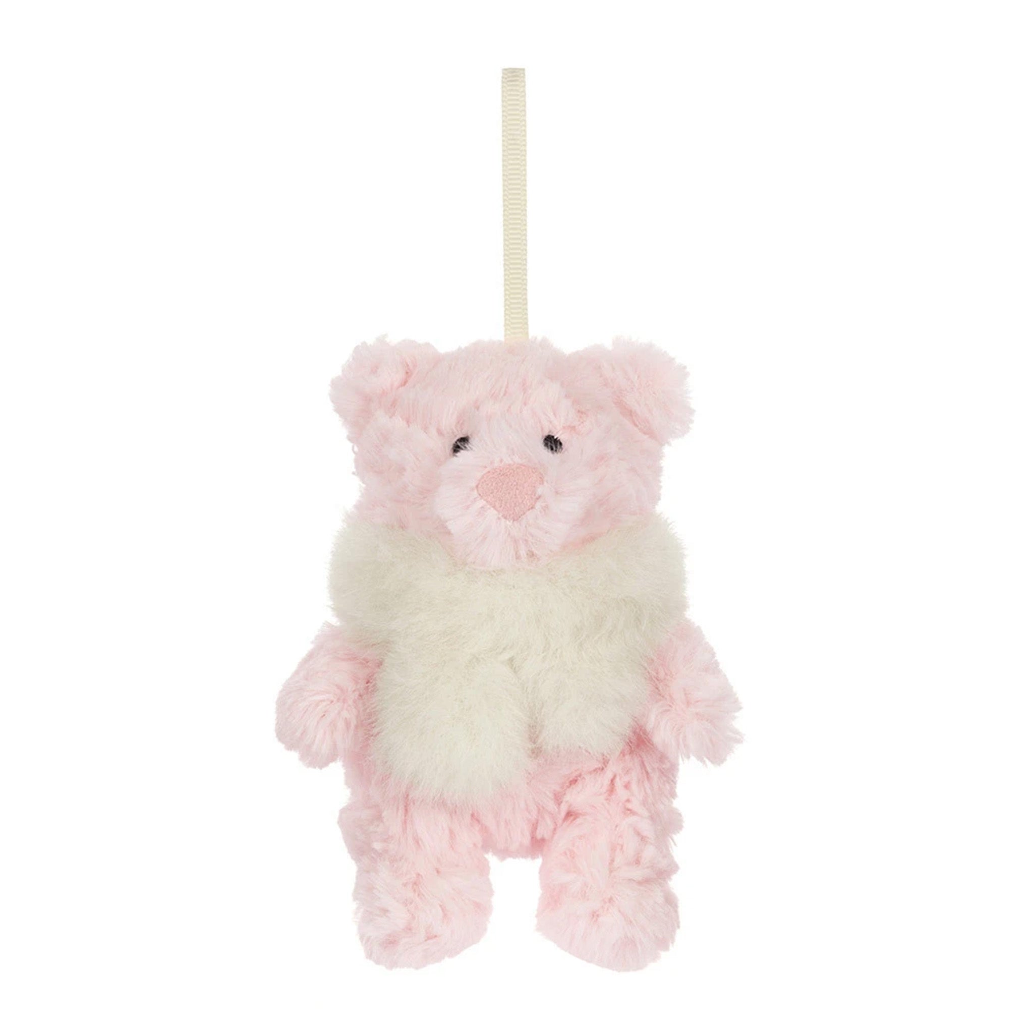 A small plush teddy bear ornament or hanging decoration in soft pink and cream white faux fur, with a cream hanging ribbon at the top, shown against a plain white background.