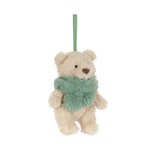 A cream-colored plush teddy bear ornament with a fuzzy mint green scarf and a matching hanging loop, shown against a plain white background.