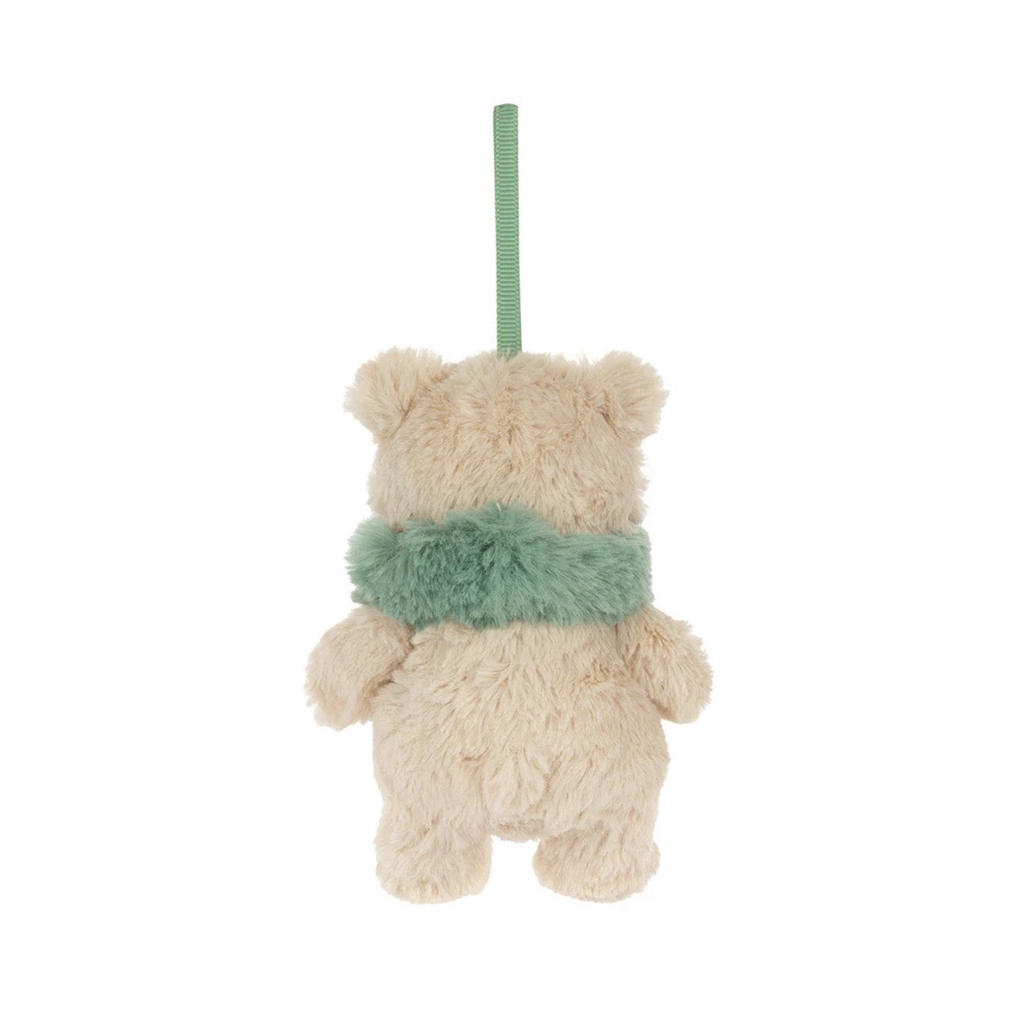 A cream-colored plush teddy bear ornament with a fuzzy mint green scarf and a matching hanging loop, shown against a plain white background.