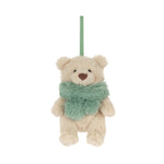 A small plush teddy bear ornament in cream with a fuzzy mint green scarf and a matching hanging ribbon, shown on a plain white background.