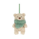 A small plush teddy bear ornament in cream with a fuzzy mint green scarf and a matching hanging ribbon, shown on a plain white background.
