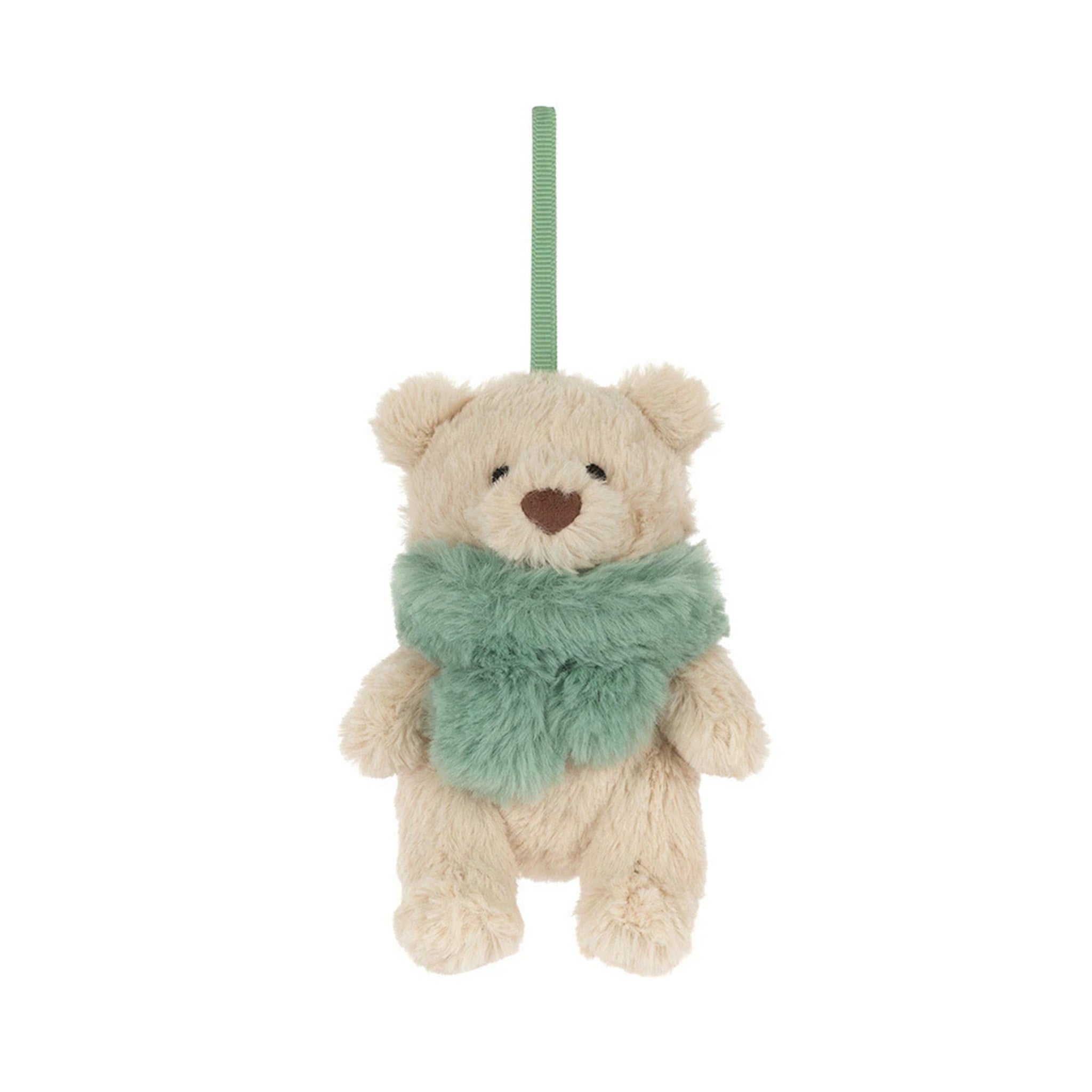 A small plush teddy bear ornament in cream with a fuzzy mint green scarf and a matching hanging ribbon, shown on a plain white background.