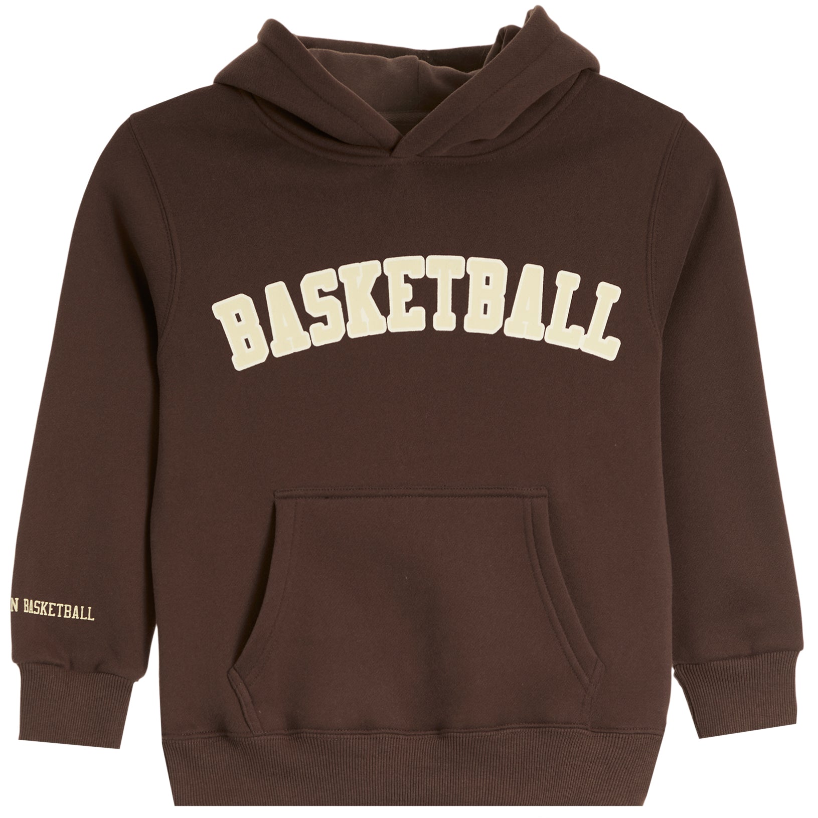 A dark brown pullover hoodie with 'BASKETBALL' printed in cream arched letters across the chest and a small matching print on the left sleeve cuff, shown against a plain white background.