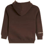 A dark brown hooded sweatshirt shown from the back, featuring a small white embroidered text 'IT'S BIGGER THAN BASKETBALL' on the left sleeve cuff, set against a plain white background.