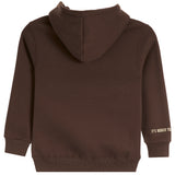 A dark brown hooded sweatshirt shown from the back, featuring a small white embroidered text 'IT'S BIGGER THAN BASKETBALL' on the left sleeve cuff, set against a plain white background.