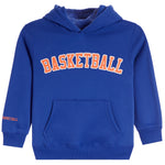 A royal blue hooded sweatshirt with 'BASKETBALL' printed across the chest in orange varsity-style lettering with a white outline, and a small matching orange logo on the left sleeve.