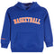 A royal blue hooded sweatshirt with 'BASKETBALL' printed across the chest in orange varsity-style lettering with a white outline, and a small matching orange logo on the left sleeve.